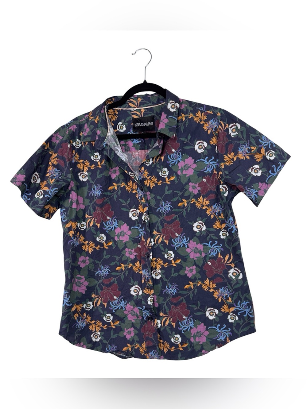 Wildfang Blue Floral Short Sleeve Button Down Shirt Womens M Casual Colorful